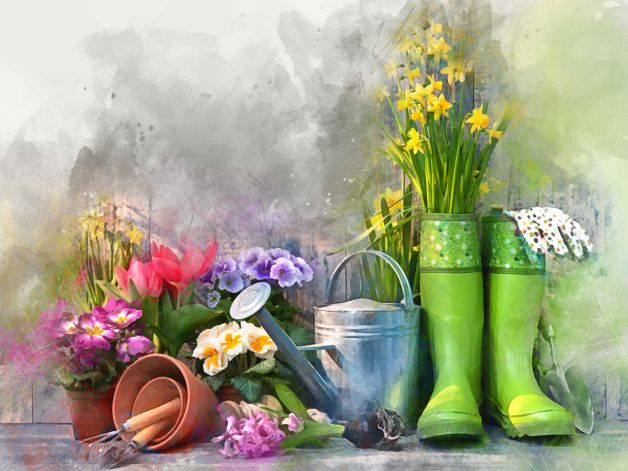 Gummistiefel, Frühlingsblumen und Gartenwerkzeug